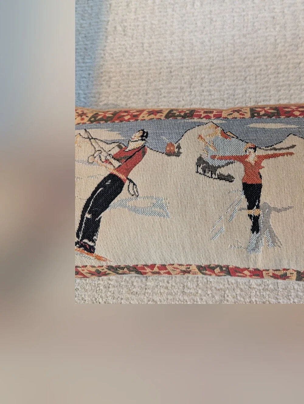 CRATE & BARREL Vintage Skier Tapestry Pillow Made In France